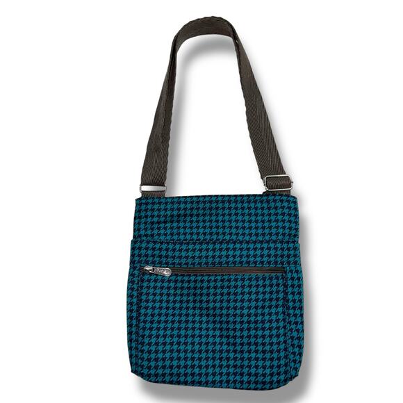 Thirty One Womens Crossbody Shoulder Bag Purse Wool Blend Houndstooth Teal Black - Picture 1 of 10